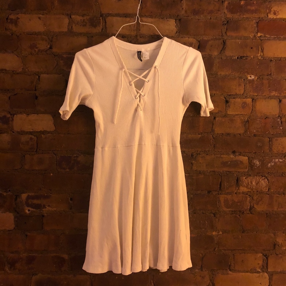 H&M Cream Lace Up Ribbed Mini Dress 8 6